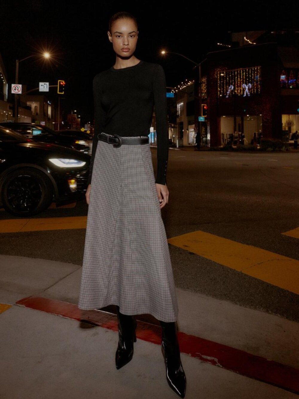 ZARA CHECKED MIDI SKIRT WITH BELT